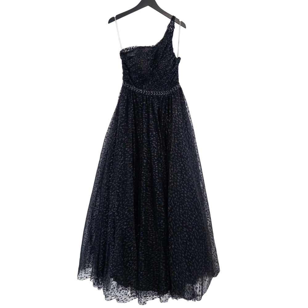 Mori Lee Gown Women 14 Black One Shoulder Beaded Tulle Slit Formal Ballgown Prom